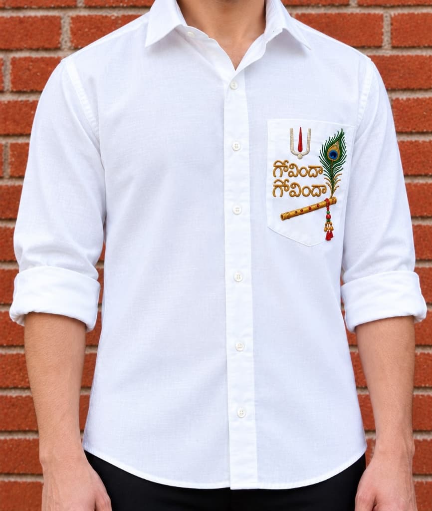 'గోవిందా గోవిందా' Peacock Feather Pocket Embroidered Shirt